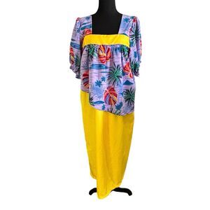 Vtg Muumuu Dress Hawaiian Print Purple Overlay On Yellow Puff Sleeves
